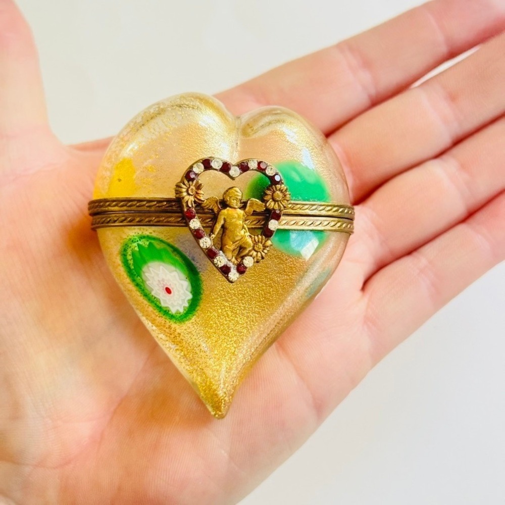 Murano Venetian Italy Glass Heart Trinket Box Millefiori Cherub Angel Rhinestone